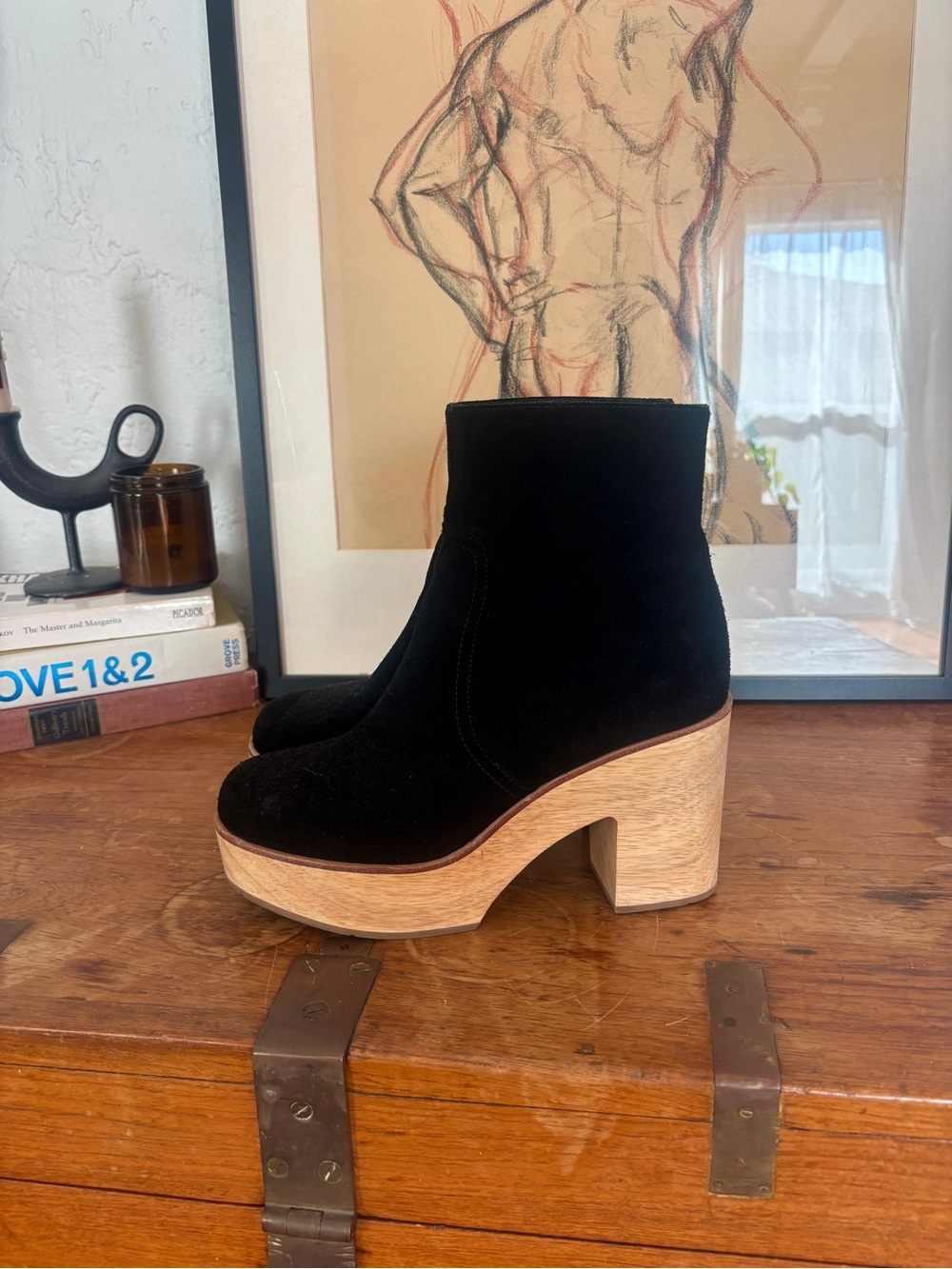 Charlotte Stone Black Suede Platform Ankle Boots with Wooden Block Heel
